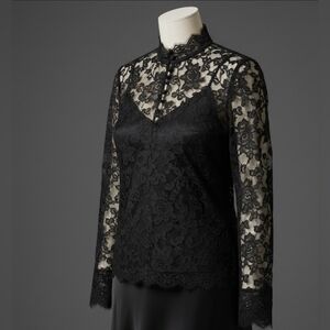 VALENTINO R.E.D BLACK FLORAL LACE LONG SLEEVE HIGH NECK BACK BUTTON BLOUSE M 42.